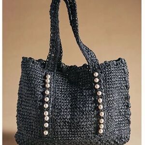 Anthropologie btb Los Angeles Lisbeth Black Pearl-Trim Straw Tote Bag